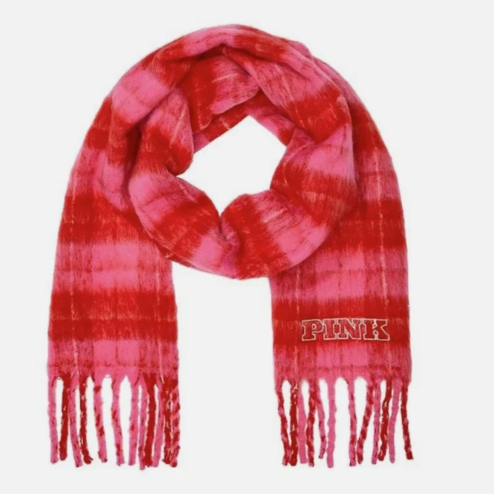 Victoria's Secret PINK Cozy Blanket Scarf Pink Red Plaid Fringe Winter Wrap NWT